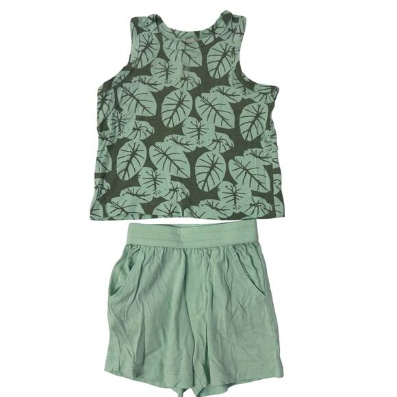 Kate Quinn Green Taro Leaf Topstitch Tank & Relaxed Short Outfit Set Size 12-18 - Picture 1 of 5